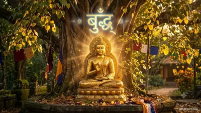 Biểu tượng chữ Buddha trong Pali và Sanskrit, với ánh sáng rực rỡ xung quanh thể hiện giác ngộ