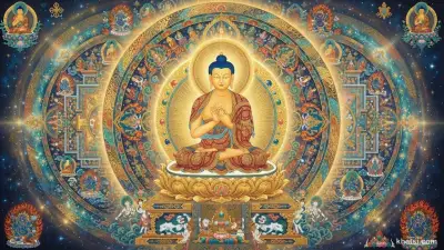 Đại Nhật Như Lai ngự tòa sen vàng, ánh sáng vàng kim tỏa khắp không gian mandala, phong cách nghệ thuật mật giáo truyền thống