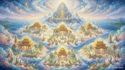Cảnh tượng linh thiêng các tầng trời dục giới với cung điện rực rỡ và chư thiên tự tại, phong cách nghệ thuật Phật giáo truyền thống