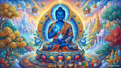 Đức Dược Sư Phật tọa trên đài sen xanh lưu ly, tay trái cầm bình dược, tay phải chấp ấn thí vô úy, phóng hào quang xanh chữa lành, nền cảnh Tịnh Lưu Ly Thế Giới lấp lánh như pha lê, phong cách nghệ thuật Phật giáo truyền thống