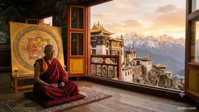 Bậc thầy Tây Tạng và học sinh tu tập Guru Yoga trong khung cảnh thiền định, đại diện cho Tứ Pháp Tụng của truyền Vajrayāna.