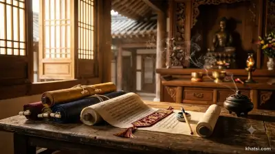 Hình minh họa kinh A-Hàm: sách kinh cổ trên bàn, ánh sáng nhẹ nhàng, phong cách Phật giáo truyền thống