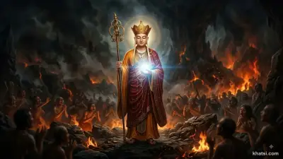 Bồ-tát Địa Tạng cầm tích trượng và ngọc châu, đứng giữa cảnh địa ngục với ánh sáng từ bi chiếu soi