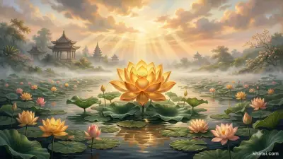 Hoa sen vàng nở rộ giữa ao trong vắt, tượng trưng cho Kinh Diệu Pháp Liên Hoa