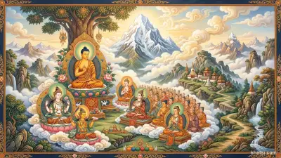 Cảnh núi Lăng Già (Lanka) với Phật đang thuyết pháp cho Bồ-tát trong khung cảnh tâm linh cổ kính, phong cách nghệ thuật Phật giáo truyền thống