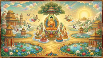 Cõi Cực Lạc Tây Phương rực rỡ ánh vàng với ao thất bảo, hoa sen nở, và A-Di-Đà Phật ngự giữa hào quang