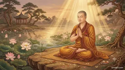Hành giả ngồi thiền niệm Phật trong khung cảnh yên tĩnh, ánh sáng vàng A-Di-Đà phóng xuống từ trên cao, bầu không khí trang nghiêm và thanh tịnh, phong cách nghệ thuật Phật giáo truyền thống