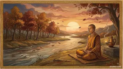 Cảnh thiền định trước biểu tượng vô thường — đèn đang tắt, lá rơi, dòng nước chảy — minh họa pháp Niệm Tử