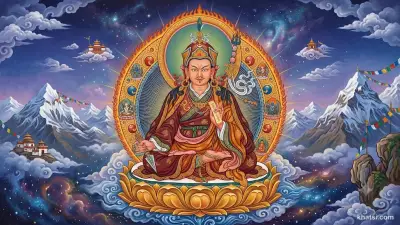 Padmasambhava, sơ tổ Vajrayāna ở Tây Tạng, ngồi cỏ sen vàng trên bầu trời, với sách kinh và phương trượng.