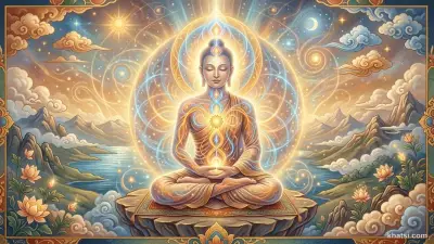 Một người đang ngồi thiền, hình ảnh mờ mải, ánh sáng vàng từ bên trong cơ thể