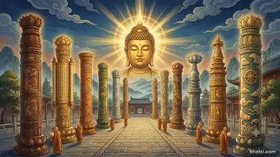 Minh họa 12 loại kinh điển Phật giáo được xếp thành cột trụ tri thức, ánh sáng chiếu rọi từ đỉnh đầu Phật, không văn bản, không logo