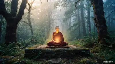 Ánh sáng dịu nhẹ tỏa ra từ người hành thiền đang ngồi thiền trong rừng núi thanh tĩnh