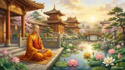 Tranh minh họa Thiền Tịnh Song Tu: cảnh tọa thiền bên hồ sen trong chùa truyền thống