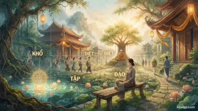 Hình ảnh bốn con đường trong rừng trầm tĩnh, tượng trưng cho Tứ Diệu Đế từ khổ đến giải thoát