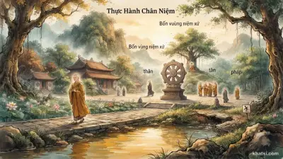 Hình ảnh biểu tượng: người tu sĩ ngồi thiền, tâm ý thanh tịnh như nước trong suốt