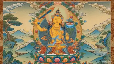 Văn Thù Sư Lợi Bồ-tát cưỡi sư tử cầm thanh kiếm trí tuệ, xung quanh ánh sáng vàng rực rỡ, minh họa bài viết về Mañjuśrī trong Phật giáo Đại Thừa